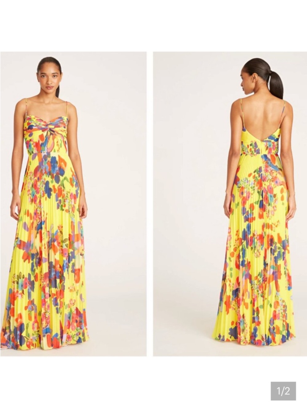 AMUR Sunflower Yellow Floral Pleated Maxi Dress